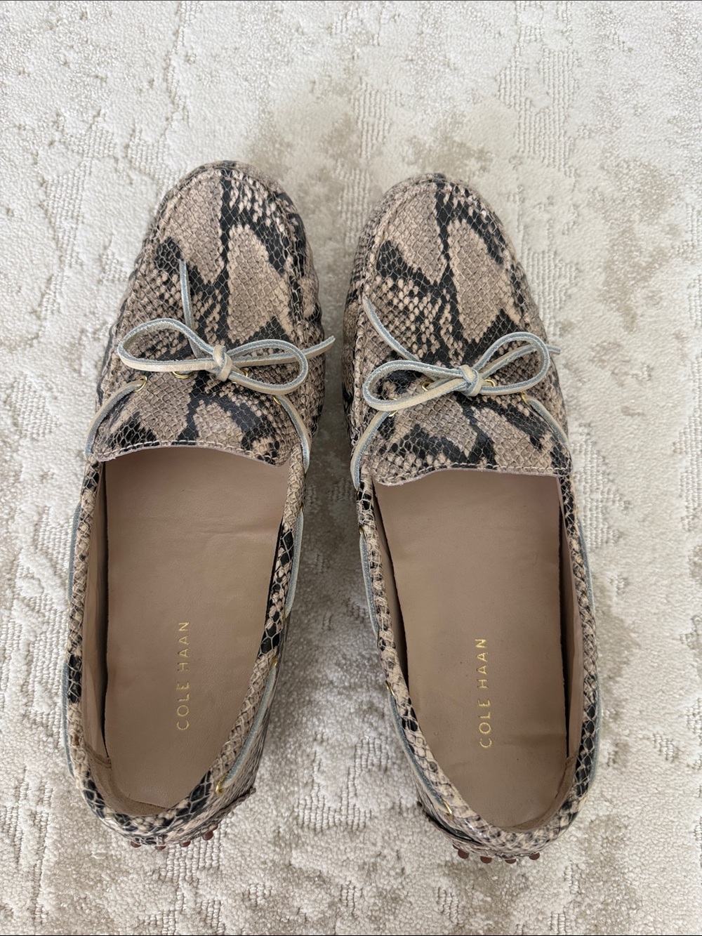 Cole Haan Snake-Print Driving Loafers in Beige and Black Size 10B Like New